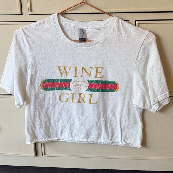 WineGirl Tops - Gildan White Crop Top with Gold Script and Red-Green Stripe